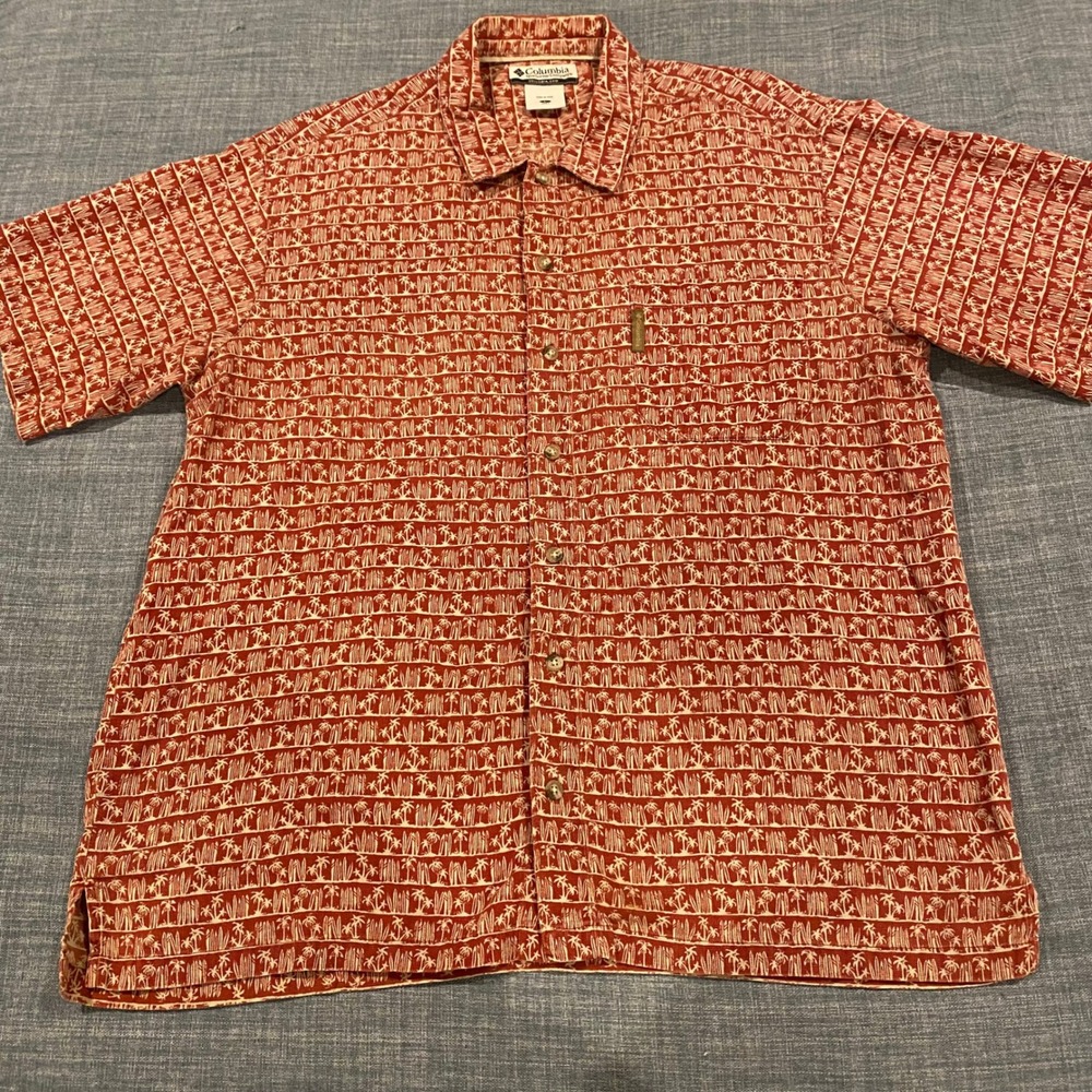 Columbia Mens Large Palm Tree Surfboard Tropical Button Down Shirt Orange AM7157 - Picture 5 of 10